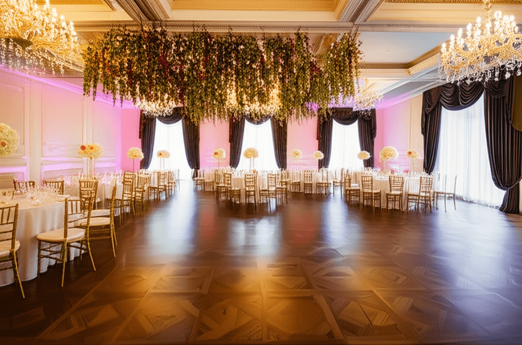 Historic ballroom transformed with blush uplighting, hydrangea centerpieces, and candlelight