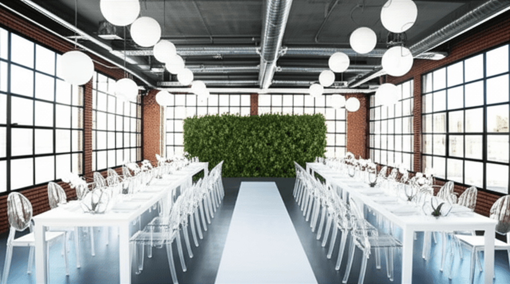Industrial loft transformed with minimalist geometric wedding decor and greenery wall