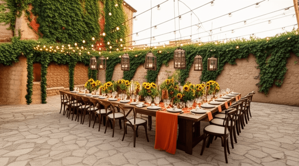 Vineyard courtyard transformed with communal table, sunflower centerpieces, and string lights