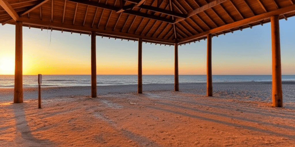 Empty open-air beachfront pavilion with ocean view