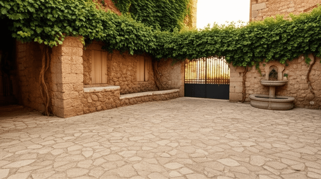 Empty stone courtyard at a vineyard estate with cobblestone ground