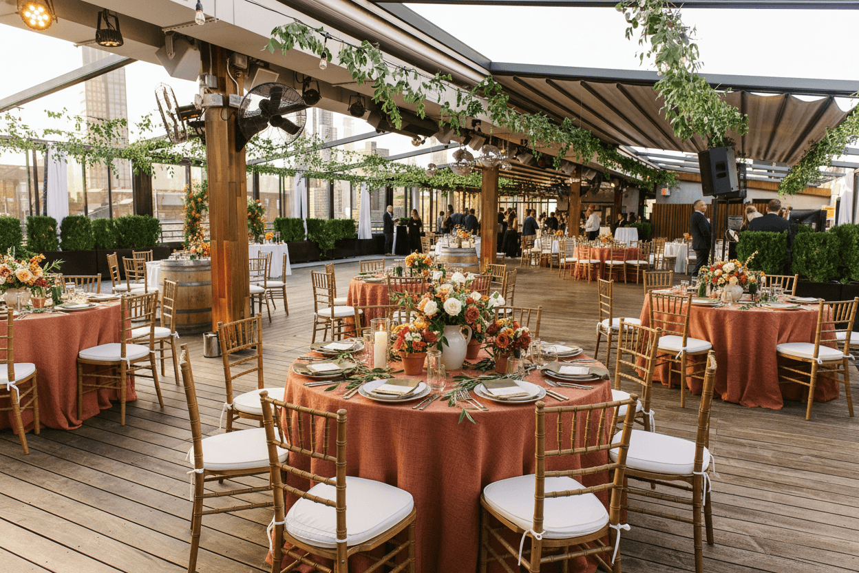 Rooftop reception styled for a wedding with WedVis