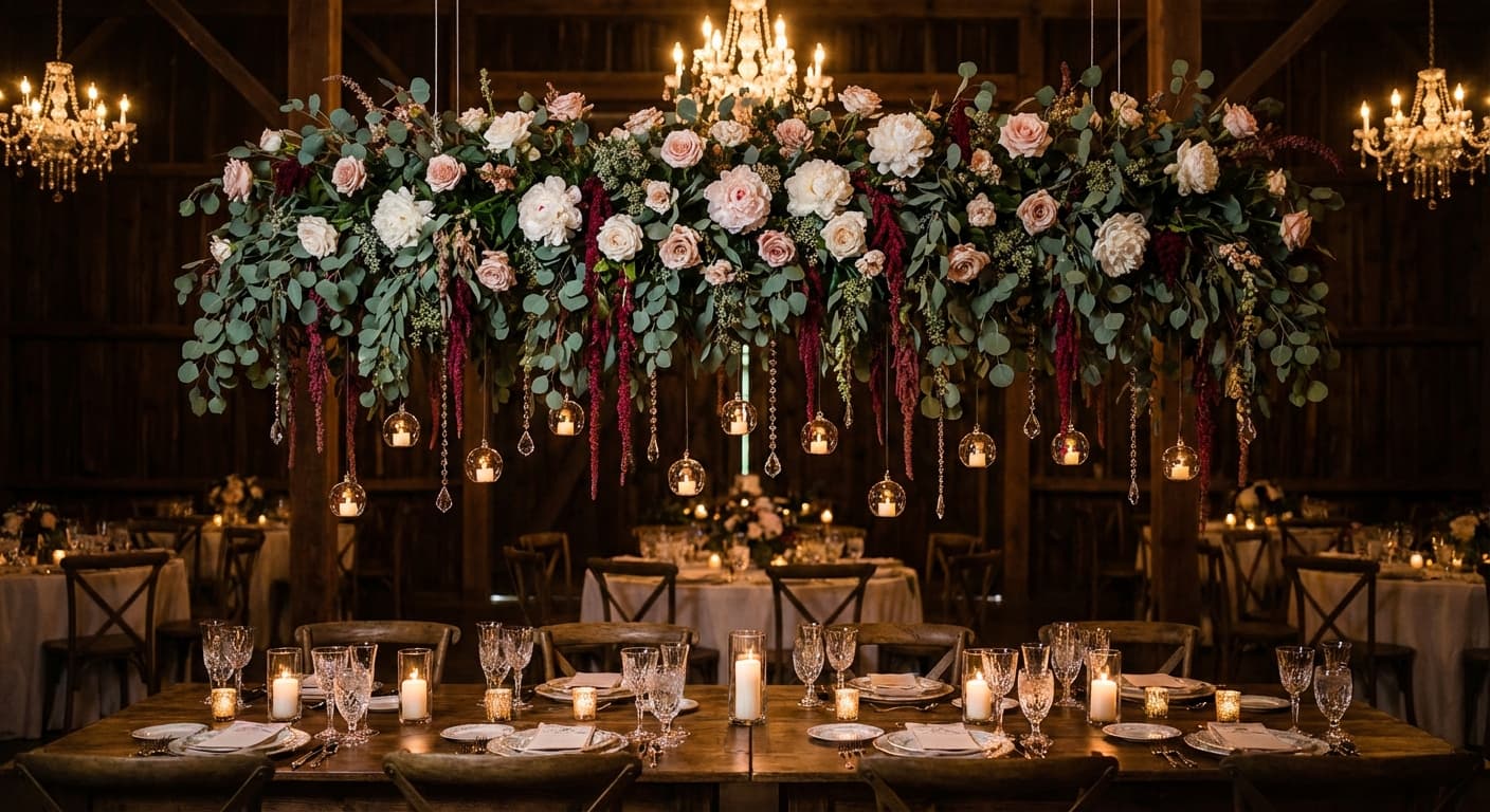 Cascading floral installation at a wedding venue