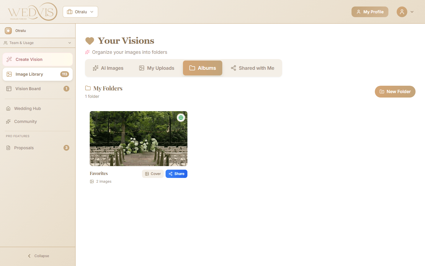 Folders view with shareable folders and Share button