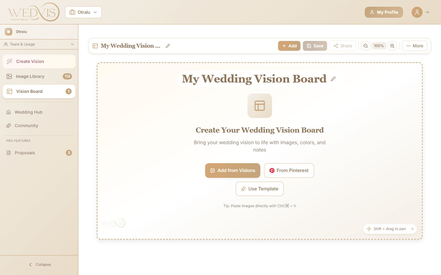 Vision board editor with canvas, templates, and export