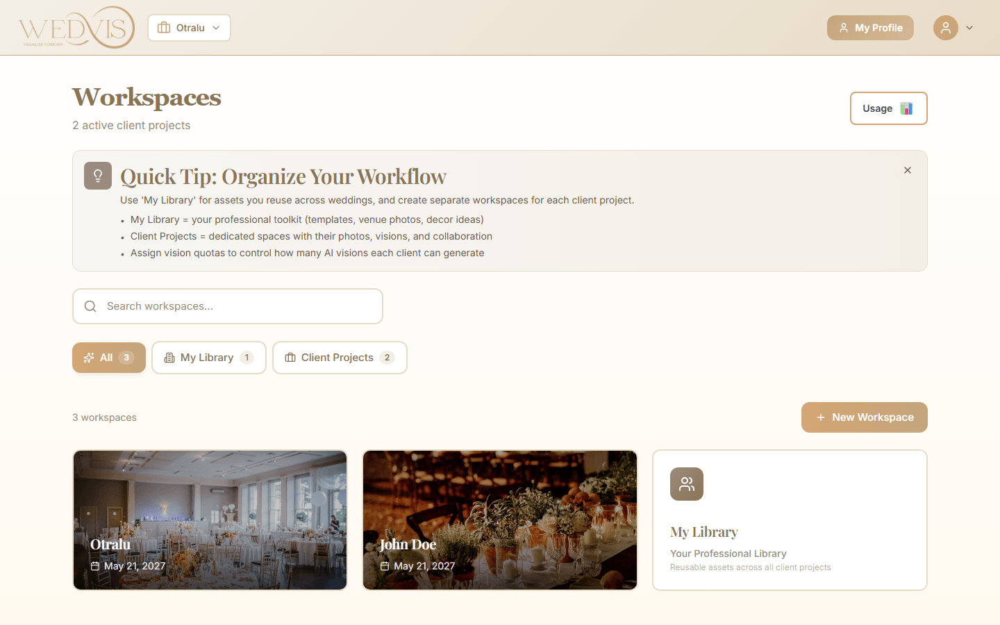 Workspaces overview with multiple client projects