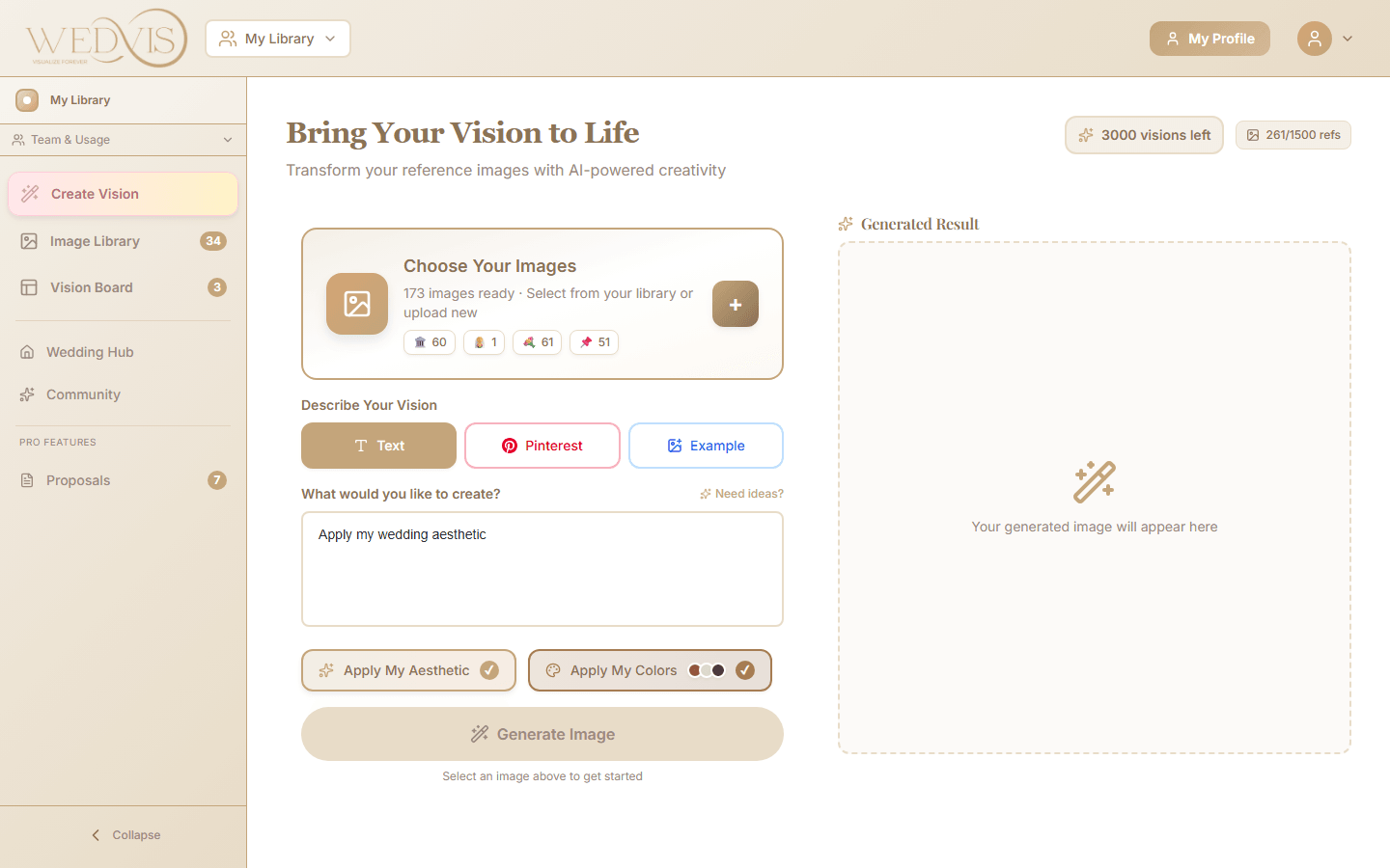 WedVis AI generation dashboard showing image upload area, text prompt input with Apply My Aesthetic toggle, and Generated Result panel