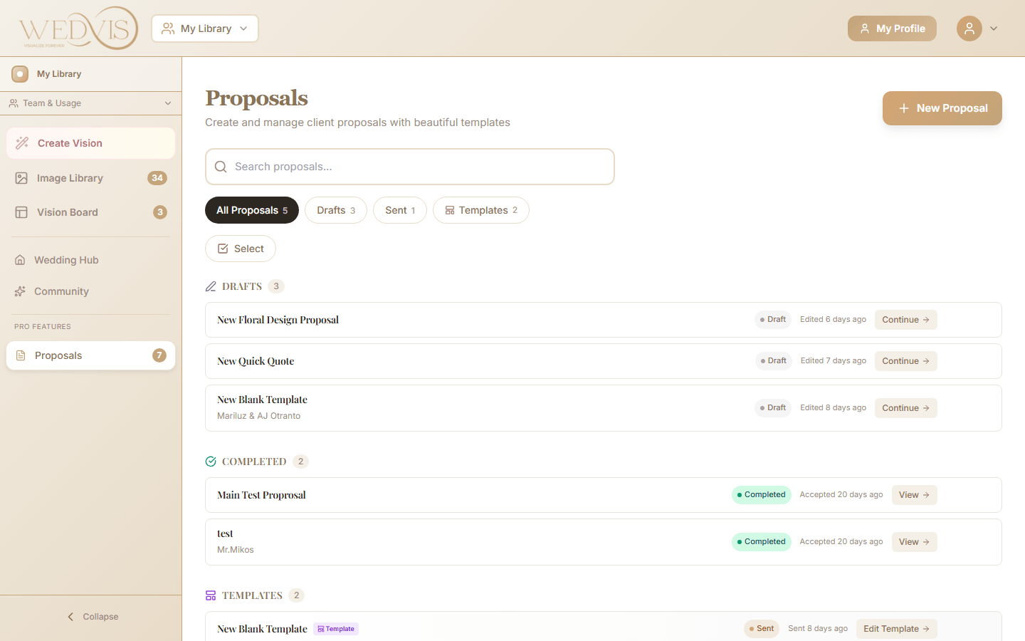 WedVis proposal builder showing drafts, completed proposals, and templates with search and status filters