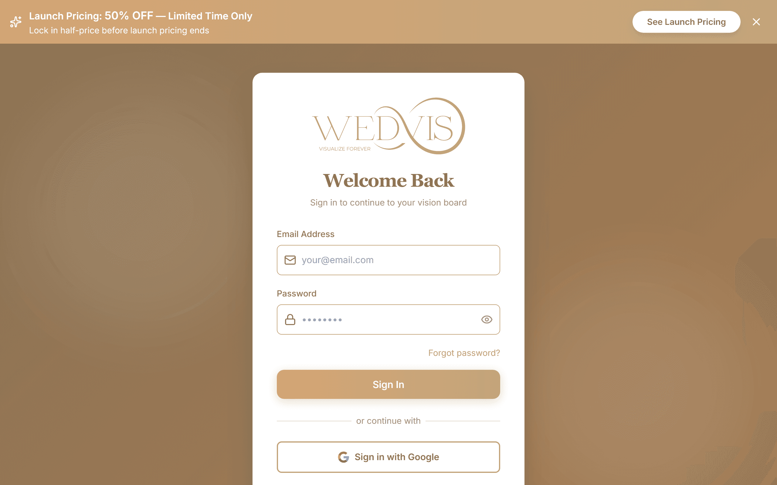 WedVis generation interface with text prompt, Pinterest, and example input modes plus Apply My Aesthetic and Apply My Colors toggles