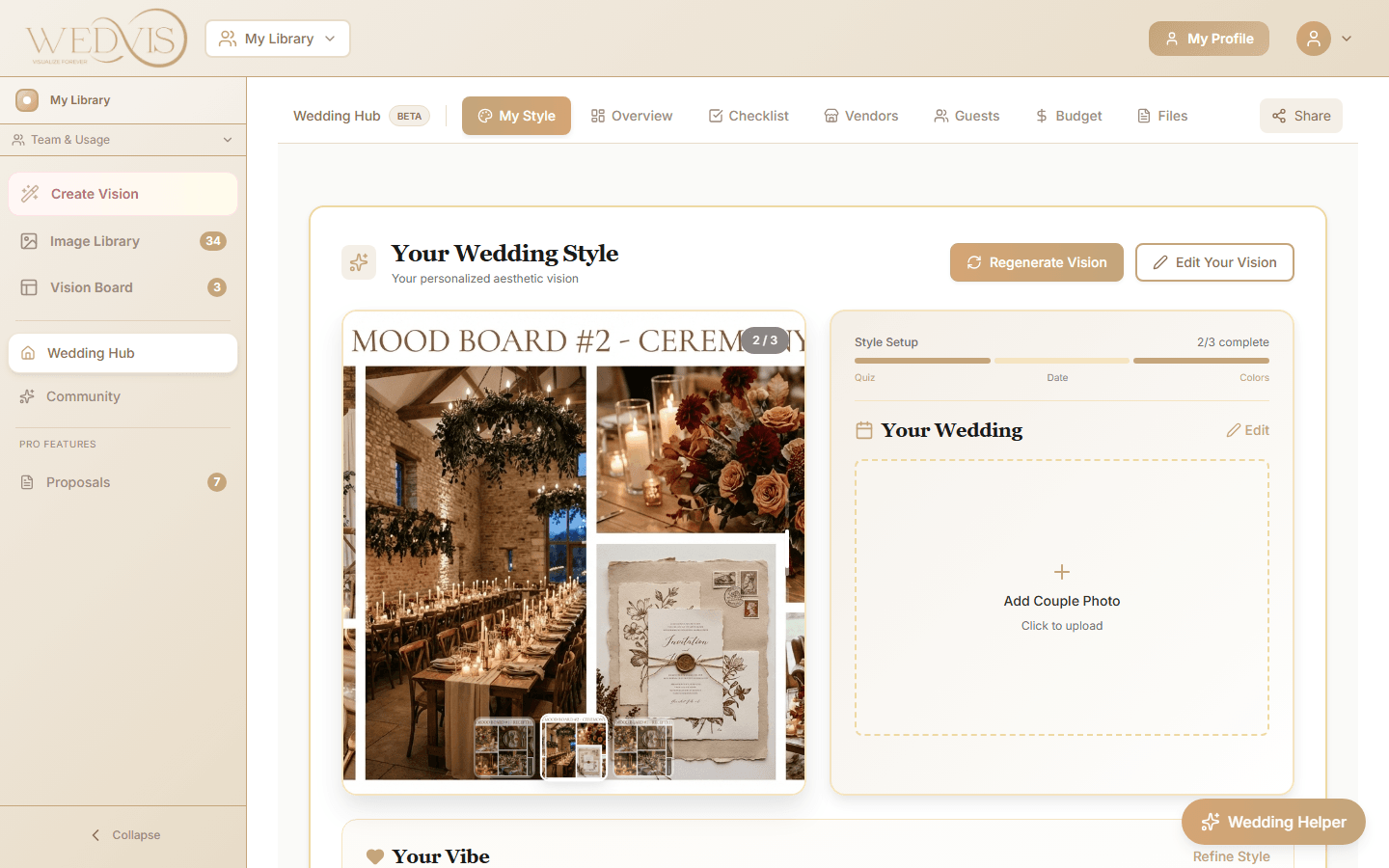 WedVis Wedding Hub showing style profile with mood board, wedding details, and vibe description