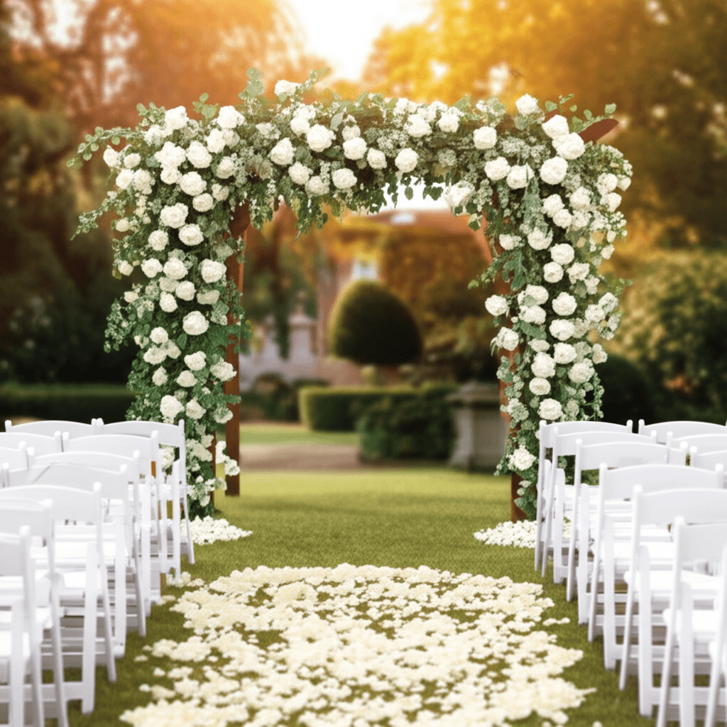AI visualization of a ceremony setup with floral arch and aisle decor