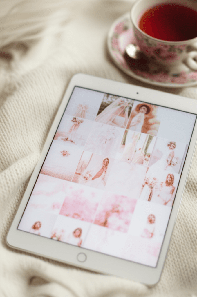 Tablet showing a wedding inspiration mood board with photos in blush and gold tones