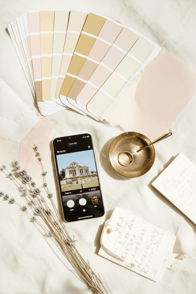 Wedding planning essentials flatlay with smartphone, color swatches, and notebook