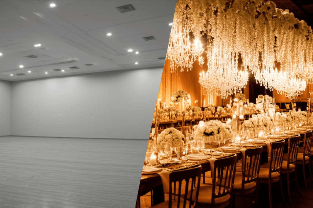 Dramatic before and after wedding venue transformation gallery