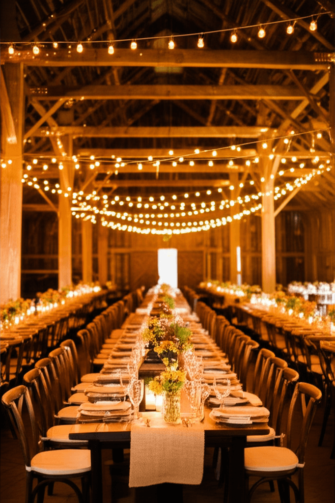 Rustic barn wedding reception with Edison string lights and wildflower arrangements