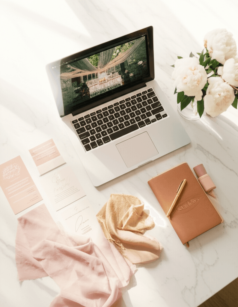 Wedding planning scene with laptop, fabric swatches, and color palette cards on a cream desk