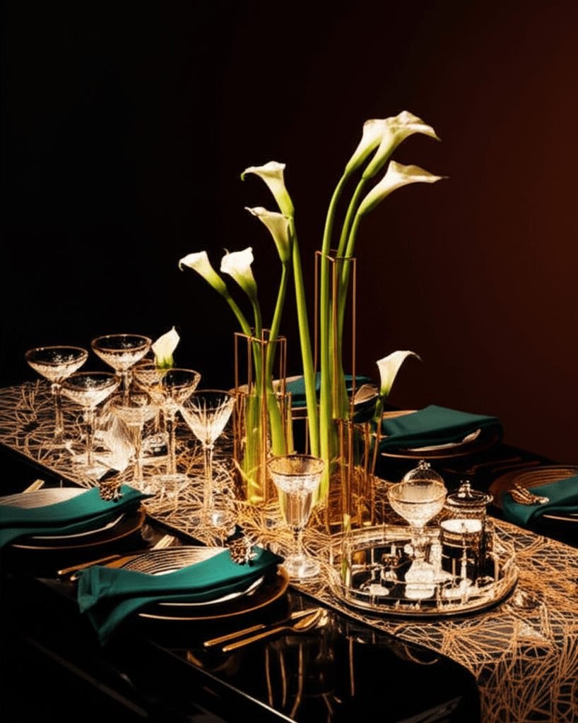 Art Deco wedding style with geometric gold patterns and 1920s glamour