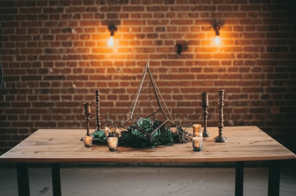 Industrial wedding style with exposed brick and Edison bulb lighting