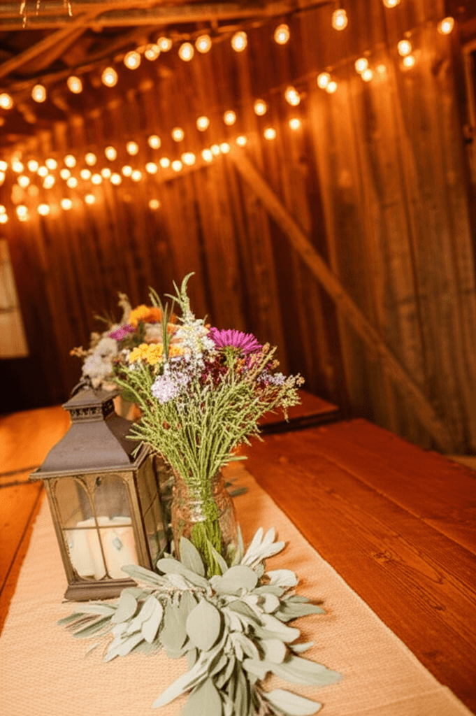 Rustic wedding style with wooden elements and wildflower arrangements