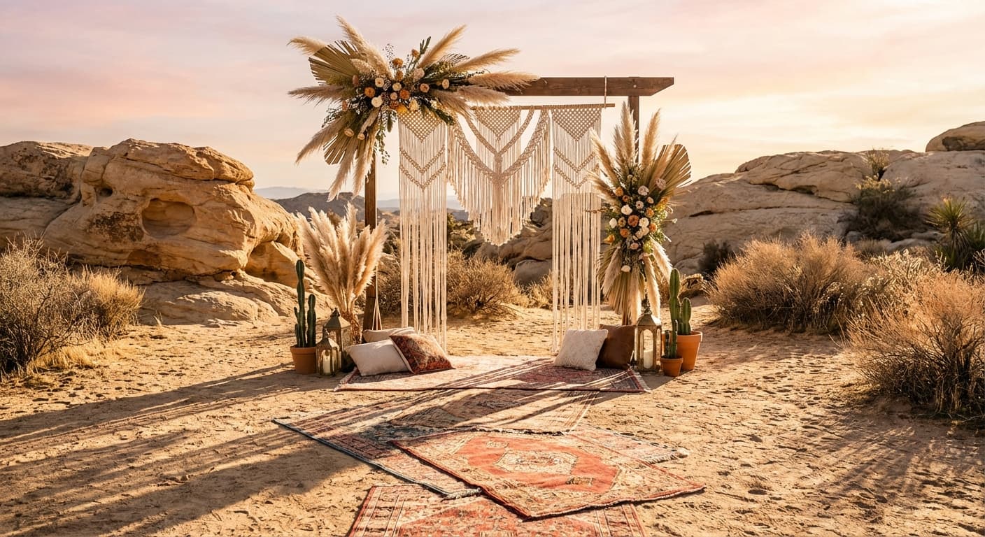Boho ceremony with macrame backdrop and pampas arch