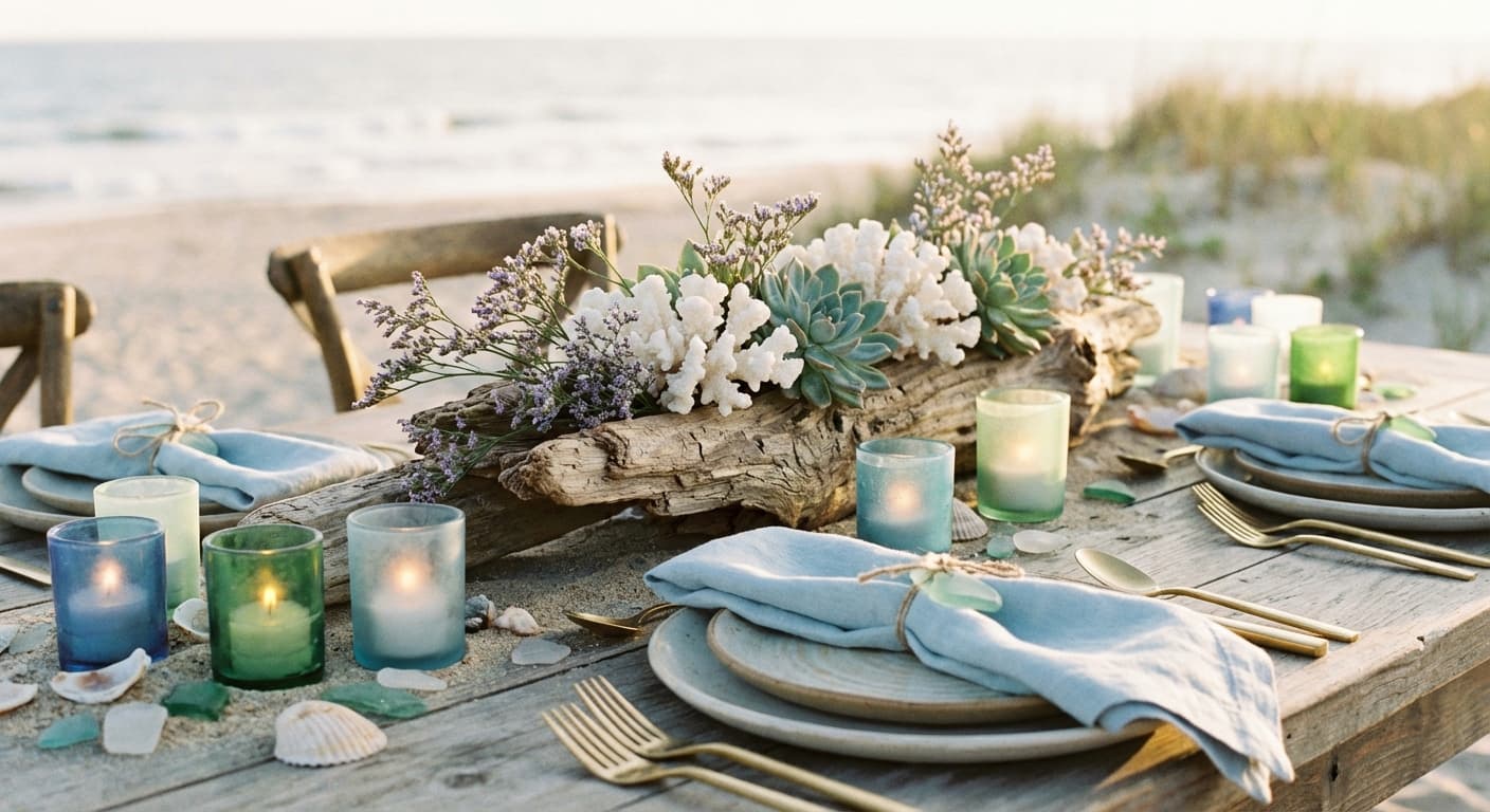 Coastal wedding table with driftwood and sea glass