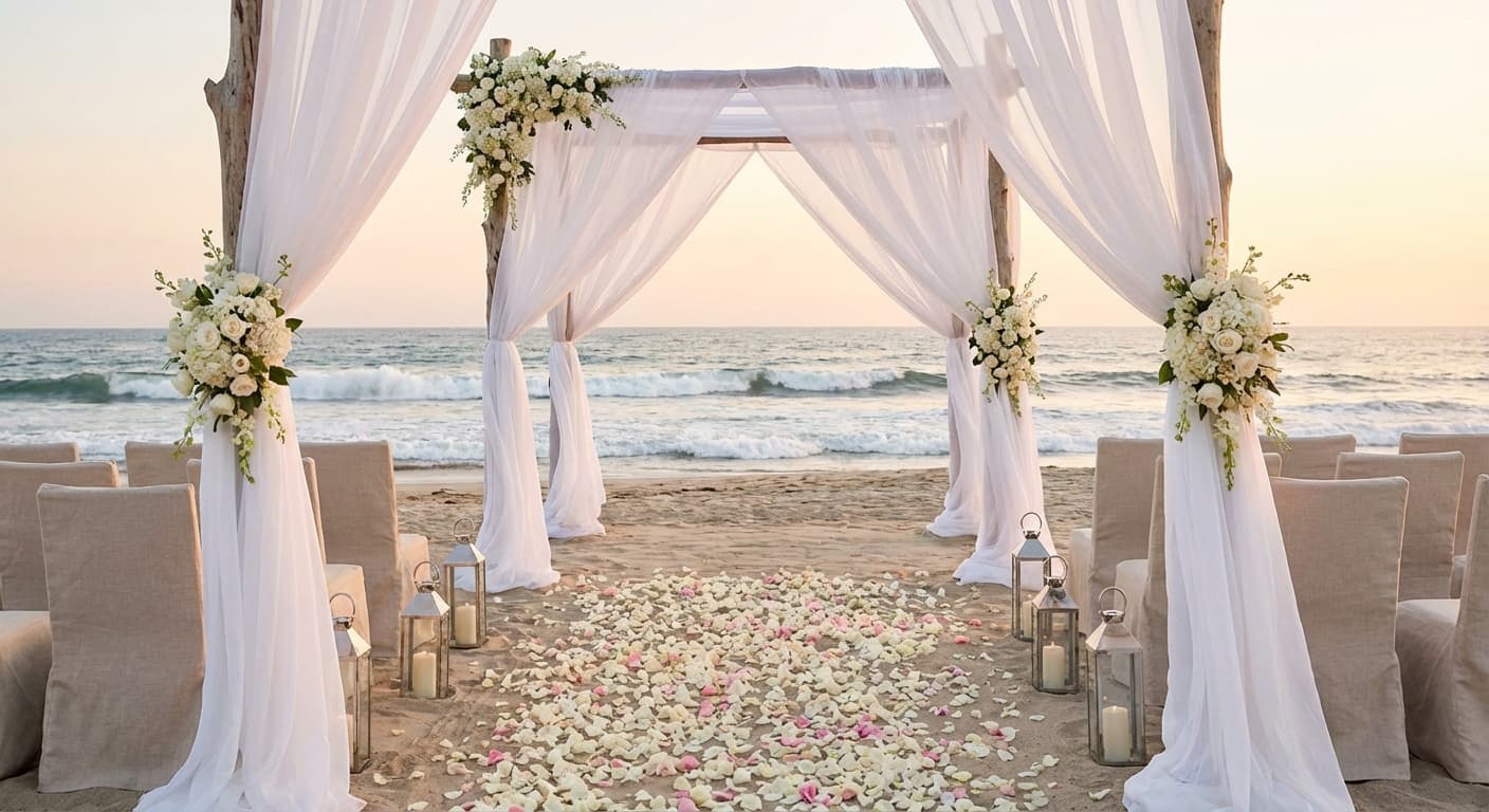 Beach ceremony with flowing white fabric arbor