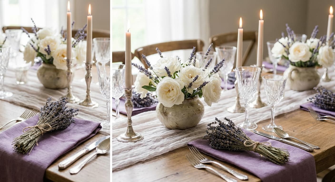 Lavender wedding tablescape with dried lavender bundles