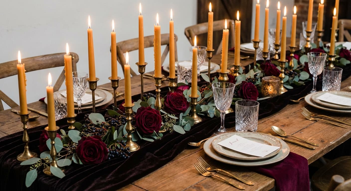 Candlelit wedding table with brass tapers and burgundy roses