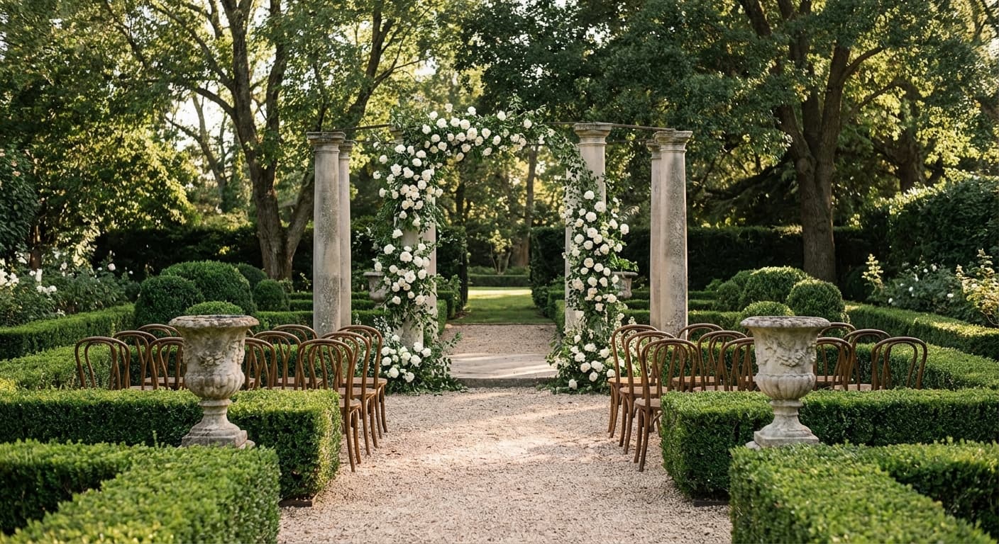 Classic estate garden ceremony with stone columns