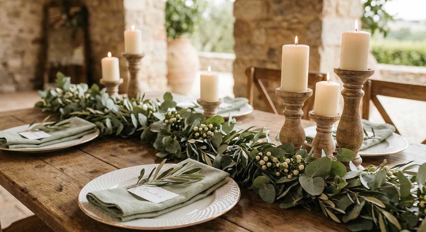 Sage green tablescape with eucalyptus garland