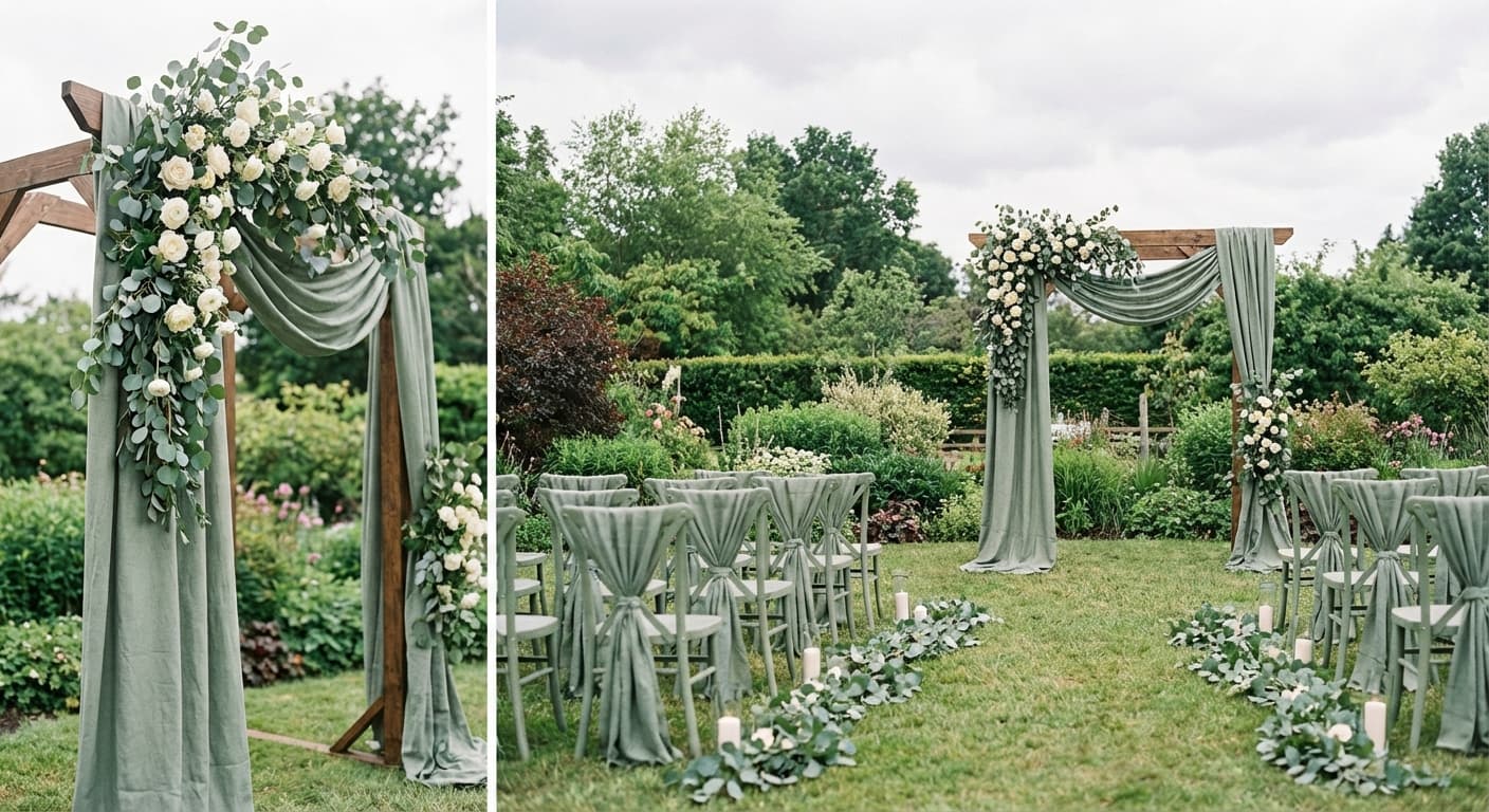 Sage green ceremony arch with eucalyptus draping